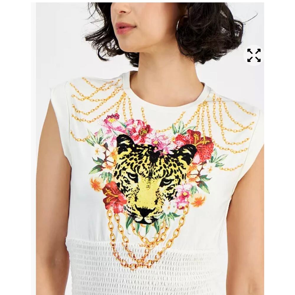 GUESS Women's Leopard-Chain Smocked T-Shirt-rhinestones-velvet Sz. Small